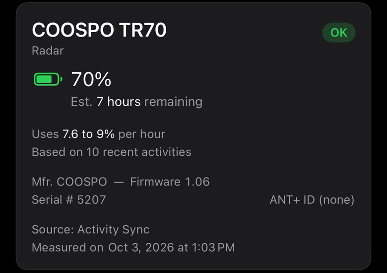 COOSPO TR70 radar detail card: 70%, Est. 7 hours remaining, uses 7.6 to 9% per hour, based on 10 recent activities.