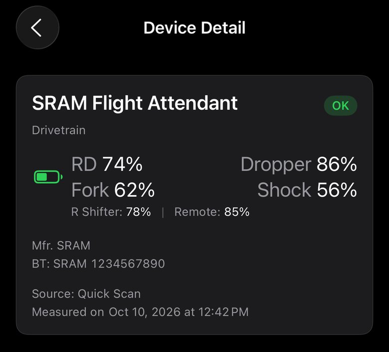 SRAM Flight Attendant detail card, OK: RD 74%, Dropper 86%, Fork 62%, Shock 56%, R Shifter 78% and Remote 85%, measured by Quick Scan.