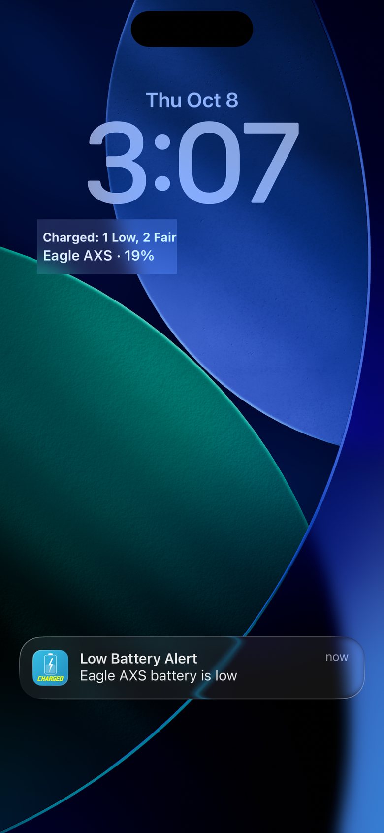 iPhone lock screen with a Charged notification: Low Battery Alert, Eagle AXS battery is low. A lock screen widget reads Charged: 1 Low, 2 Fair, Eagle AXS 19%.