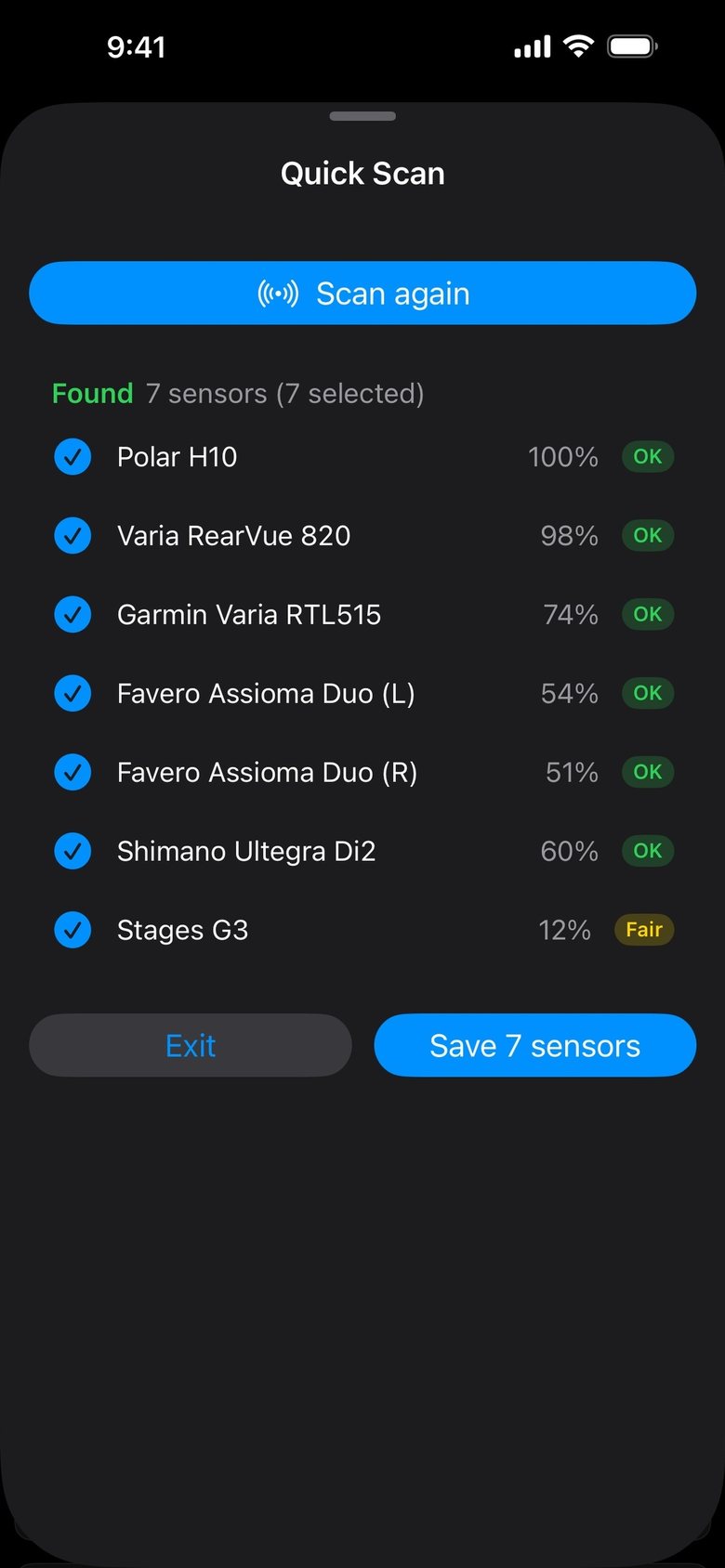Quick Scan results: Polar H10 100%, Varia RearVue 820 98%, Garmin Varia RTL515 74%, Assioma Duo left 54% and right 51%, Shimano Ultegra Di2 60%, Stages G3 12% Fair.